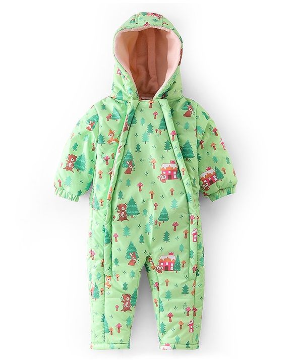 Babyhug Full Sleeves Winter Wear Hooded Romper Woods Print - Lime Green