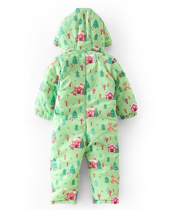 Babyhug Full Sleeves Winter Wear Hooded Romper Woods Print - Lime Green