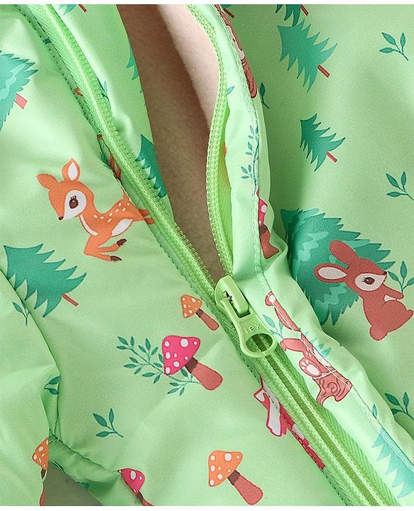 Babyhug Full Sleeves Winter Wear Hooded Romper Woods Print - Lime Green