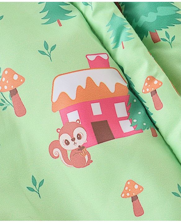 Babyhug Full Sleeves Winter Wear Hooded Romper Woods Print - Lime Green