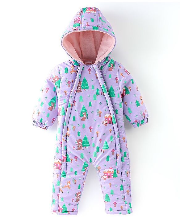 Babyhug Full Sleeves Winter Wear Hooded Romper Animal Print - Purple
