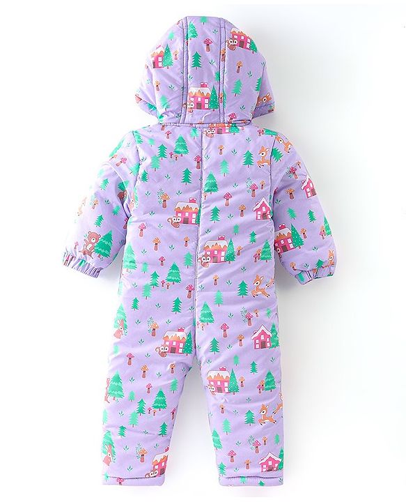 Babyhug Full Sleeves Winter Wear Hooded Romper Animal Print - Purple