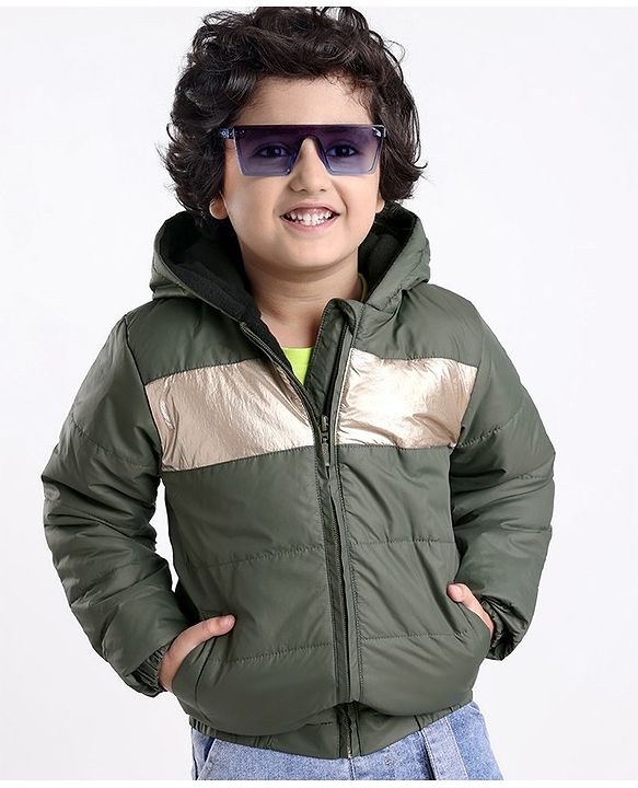 Babyhug Woven Full Sleeves Hooded Jacket with Front Zipper - Olive Green
