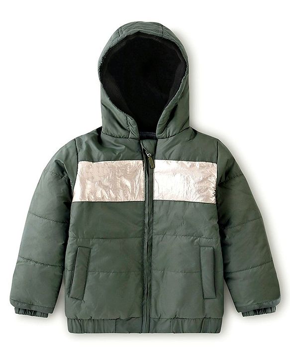 Babyhug Woven Full Sleeves Hooded Jacket with Front Zipper - Olive Green