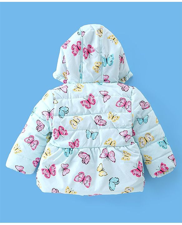 Babyhug Full Sleeves Butterfly Printed Padded Hooded Jacket - Blue