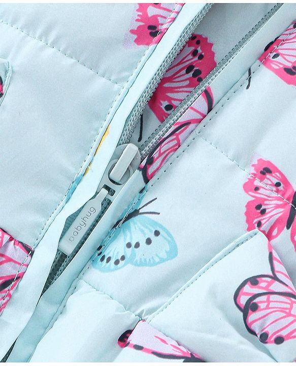 Babyhug Full Sleeves Butterfly Printed Padded Hooded Jacket - Blue