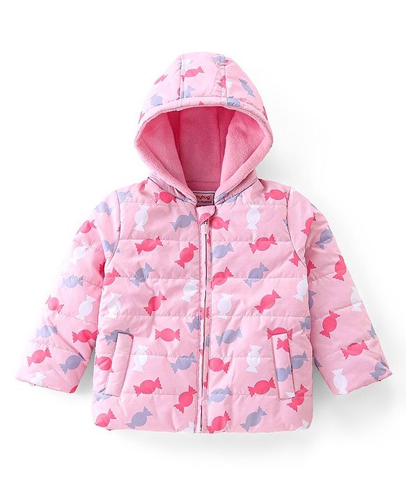 Babyhug Full Sleeves Candy Printed Padded Hooded Jacket - Pink