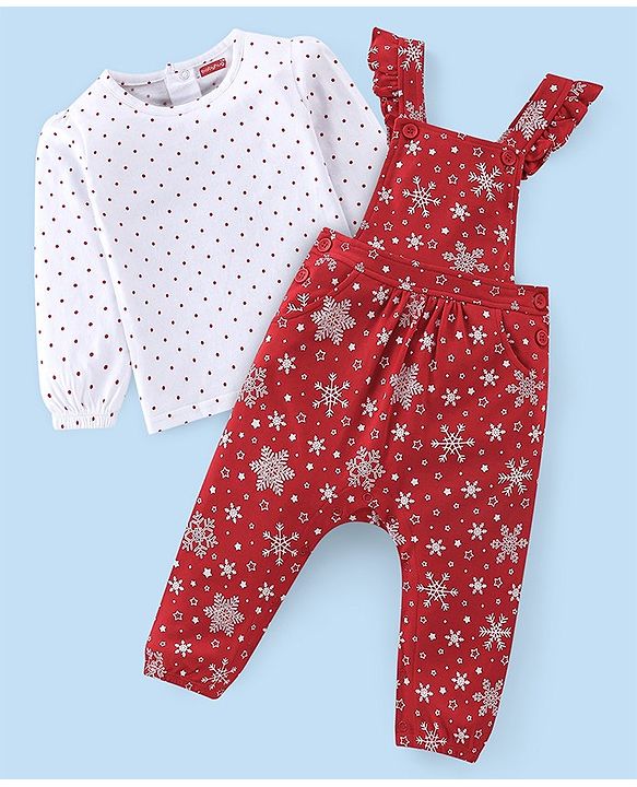 Babyhug Cotton Knit Snow Flakes Printed Dungaree with Full Sleeves Inner Tee - Red & White