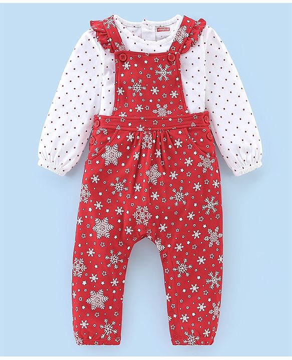 Babyhug Cotton Knit Snow Flakes Printed Dungaree with Full Sleeves Inner Tee - Red & White