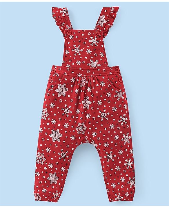 Babyhug Cotton Knit Snow Flakes Printed Dungaree with Full Sleeves Inner Tee - Red & White