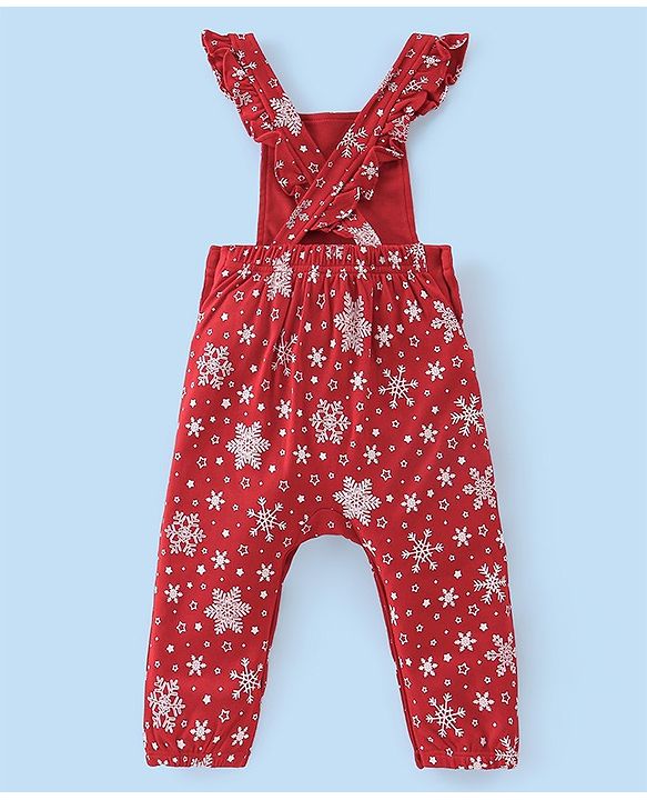 Babyhug Cotton Knit Snow Flakes Printed Dungaree with Full Sleeves Inner Tee - Red & White