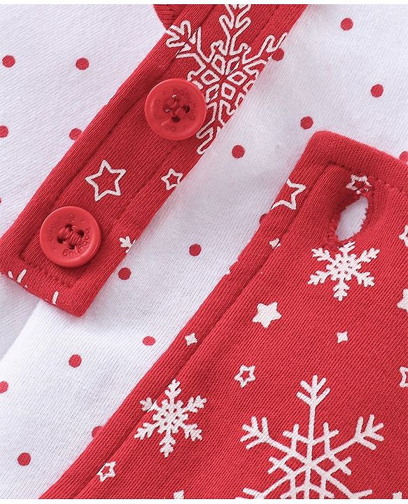 Babyhug Cotton Knit Snow Flakes Printed Dungaree with Full Sleeves Inner Tee - Red & White
