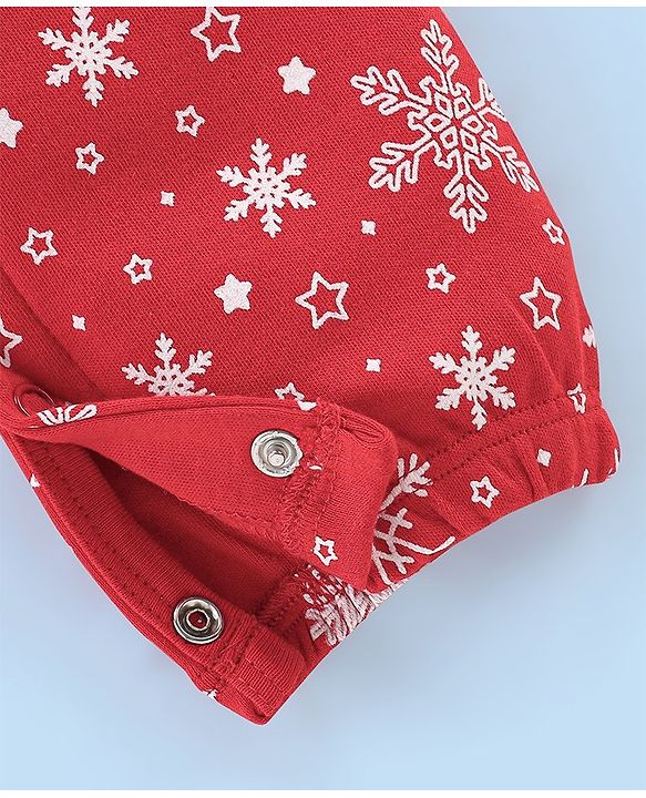 Babyhug Cotton Knit Snow Flakes Printed Dungaree with Full Sleeves Inner Tee - Red & White