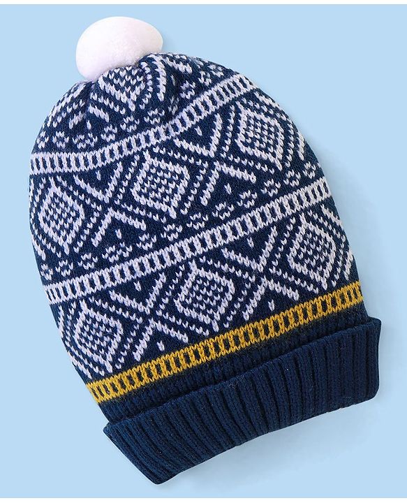 Babyhug Pom Pom Woollen Cap Intarsia Design - Blue