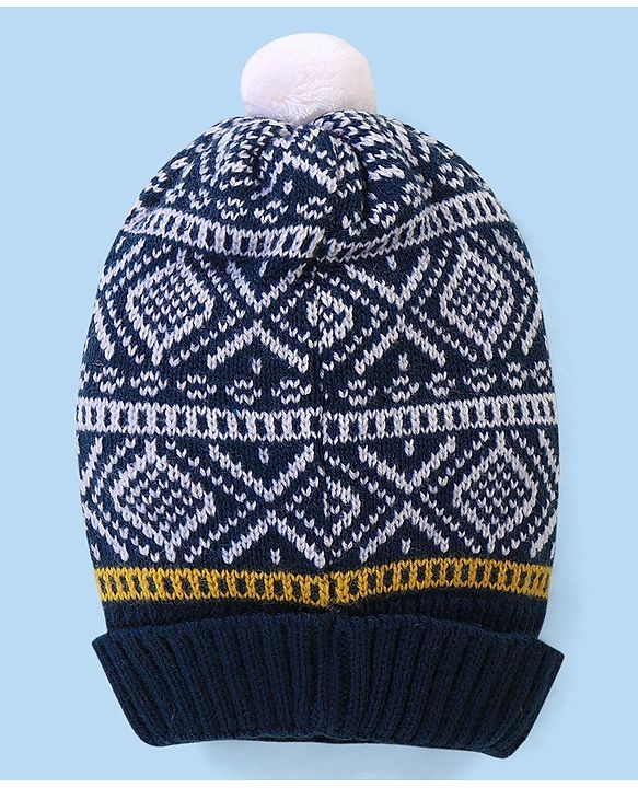 Babyhug Pom Pom Woollen Cap Intarsia Design - Blue