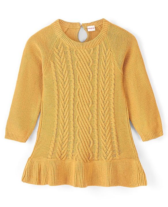 Babyhug Full Sleeves Cable Knit Woolen Dress - Mustard