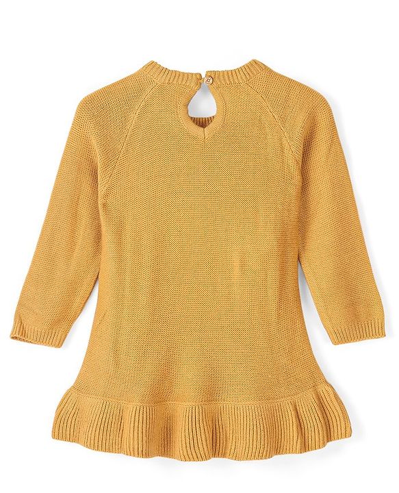 Babyhug Full Sleeves Cable Knit Woolen Dress - Mustard