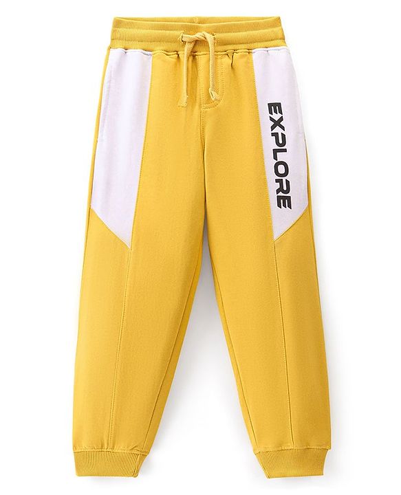 Pine Kids Knitted Stretchable Text Printed Full Length Track Pants- Mustard