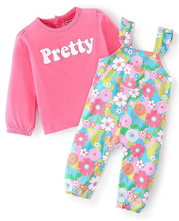 Babyhug 100% Cotton Knit Dungaree & Full Sleeves T-Shirt Text Embroidery & Floral Print - Pink & Blue