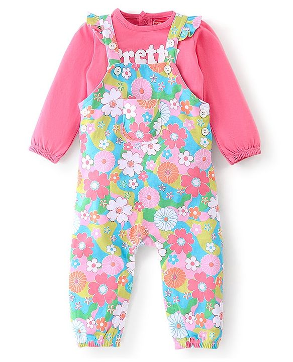 Babyhug 100% Cotton Knit Dungaree & Full Sleeves T-Shirt Text Embroidery & Floral Print - Pink & Blue