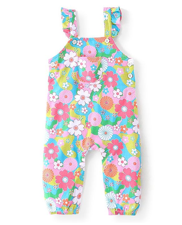 Babyhug 100% Cotton Knit Dungaree & Full Sleeves T-Shirt Text Embroidery & Floral Print - Pink & Blue