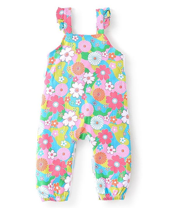 Babyhug 100% Cotton Knit Dungaree & Full Sleeves T-Shirt Text Embroidery & Floral Print - Pink & Blue