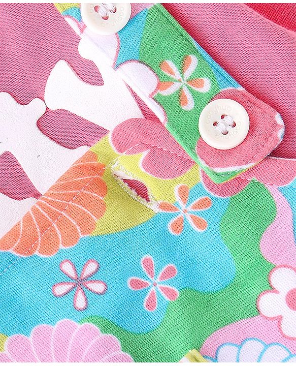 Babyhug 100% Cotton Knit Dungaree & Full Sleeves T-Shirt Text Embroidery & Floral Print - Pink & Blue