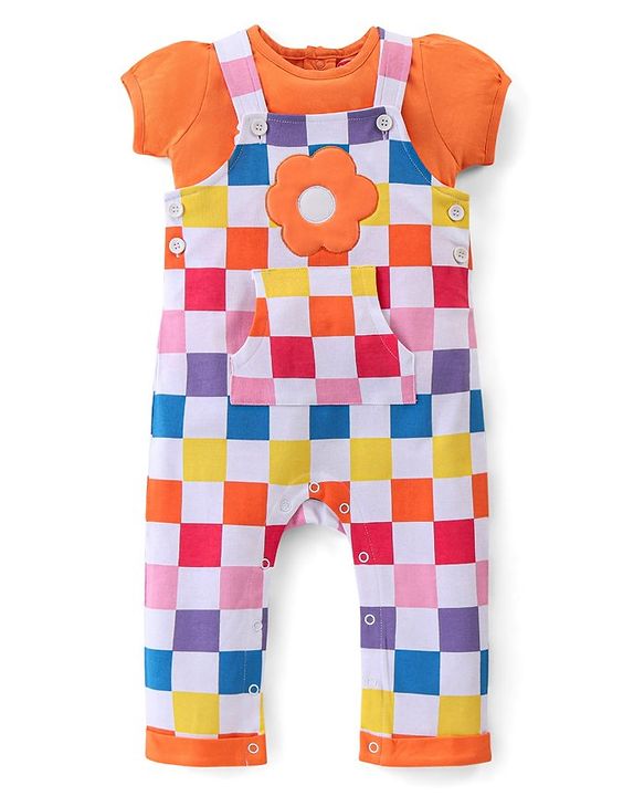 Babyhug Cotton Knit Dungaree & Half Sleeves T-Shirt Set Floral & Checks  - Orange