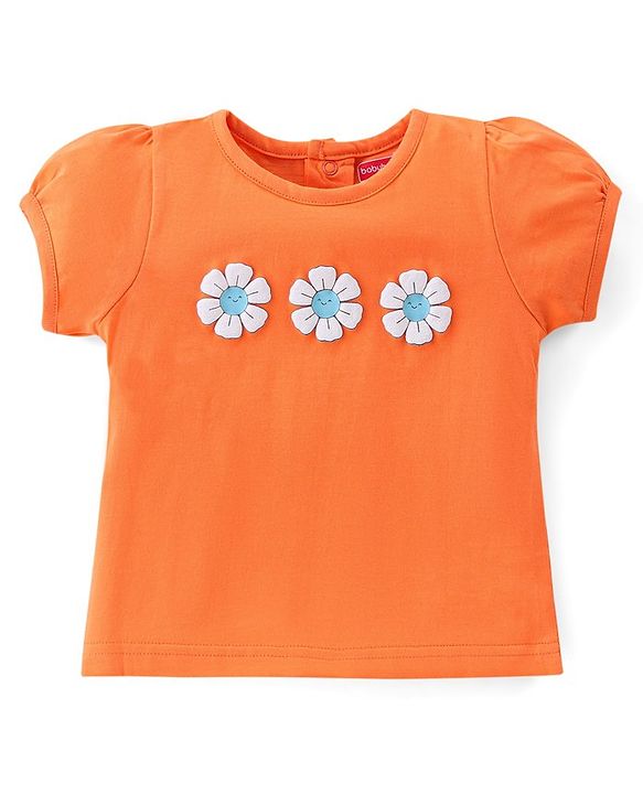 Babyhug Cotton Knit Dungaree & Half Sleeves T-Shirt Set Floral & Checks  - Orange