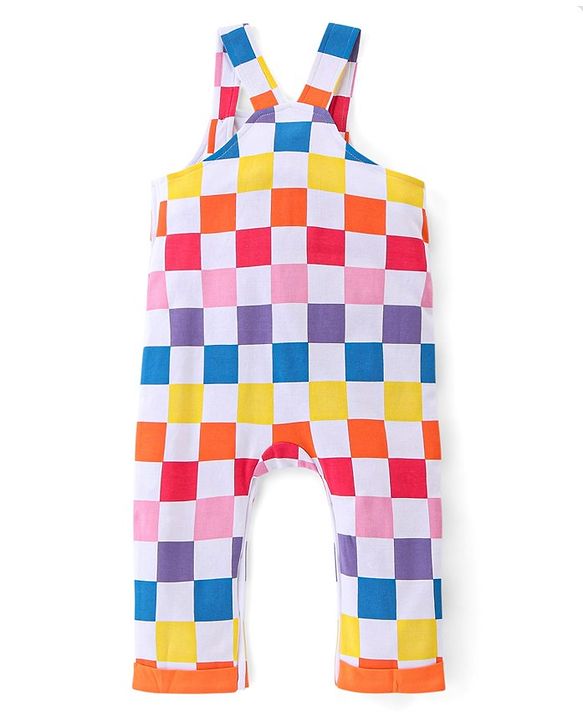 Babyhug Cotton Knit Dungaree & Half Sleeves T-Shirt Set Floral & Checks  - Orange