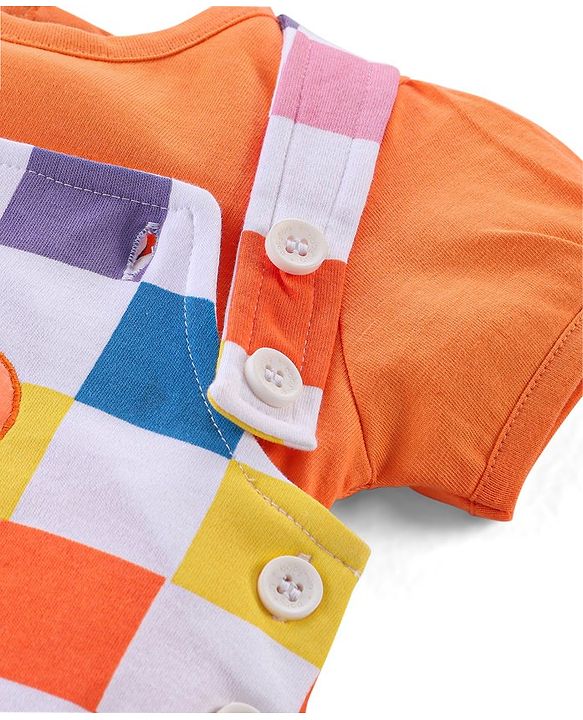 Babyhug Cotton Knit Dungaree & Half Sleeves T-Shirt Set Floral & Checks  - Orange