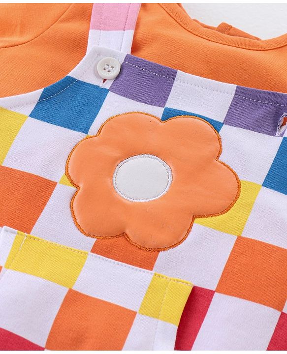 Babyhug Cotton Knit Dungaree & Half Sleeves T-Shirt Set Floral & Checks  - Orange