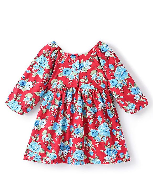 Babyhug Cotton Knit Half Sleeves Frock Floral Print - Red