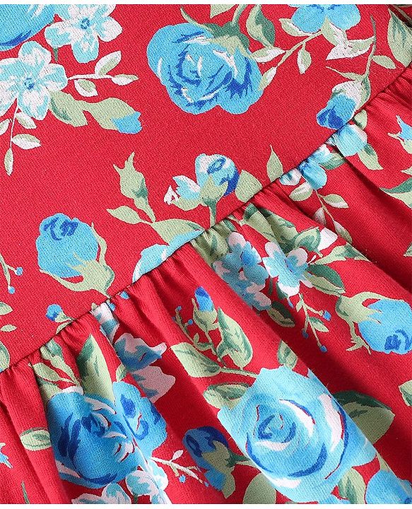 Babyhug Cotton Knit Half Sleeves Frock Floral Print - Red