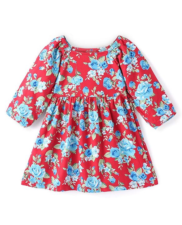 Babyhug Cotton Knit Half Sleeves Frock Floral Print - Red