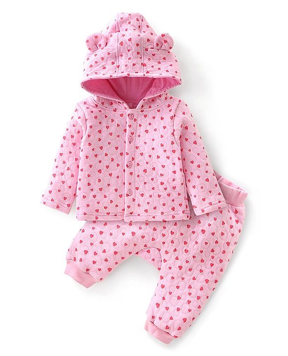Babyhug Cotton Knit Full Sleeves Heart Printed Hoodie & Lounge Pant Set - Pink