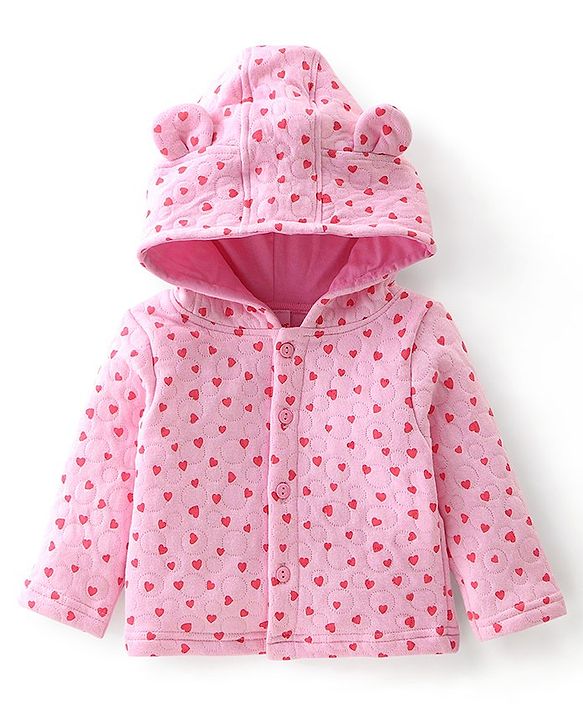 Babyhug Cotton Knit Full Sleeves Heart Printed Hoodie & Lounge Pant Set - Pink