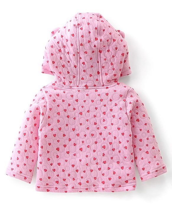 Babyhug Cotton Knit Full Sleeves Heart Printed Hoodie & Lounge Pant Set - Pink