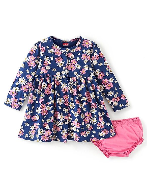 Babyhug Cotton Knit Full Sleeves Frock Floral Printed with Bloomer - Blue & Pink