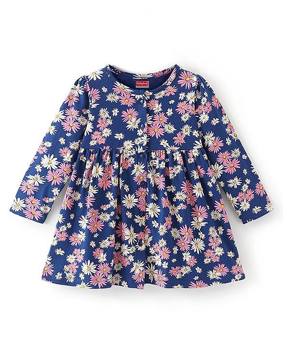 Babyhug Cotton Knit Full Sleeves Frock Floral Printed with Bloomer - Blue & Pink