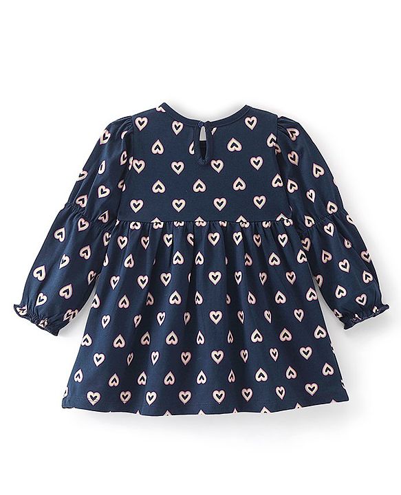 Babyhug Cotton Knit Full Sleeves Frock with Bloomer Heart Printed - Navy Blue