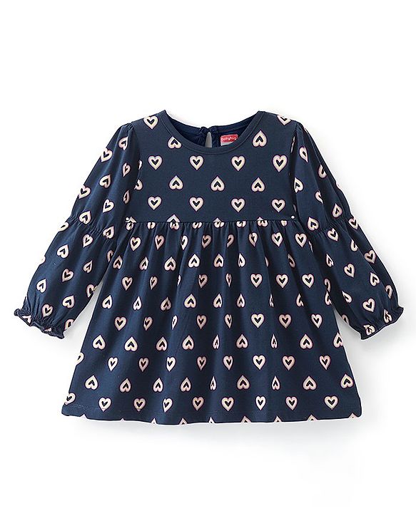 Babyhug Cotton Knit Full Sleeves Frock with Bloomer Heart Printed - Navy Blue