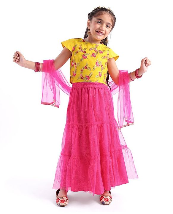 Babyhug Woven Half Sleeves Embroidered Choli and Net Lehenga with Dupatta - Pink