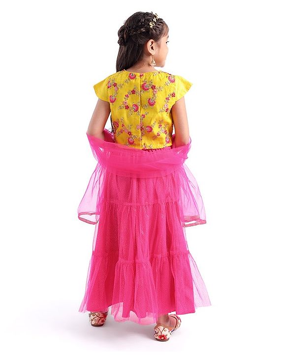 Babyhug Woven Half Sleeves Embroidered Choli and Net Lehenga with Dupatta - Pink