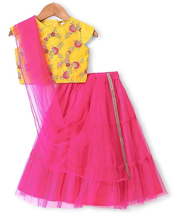 Babyhug Woven Half Sleeves Embroidered Choli and Net Lehenga with Dupatta - Pink