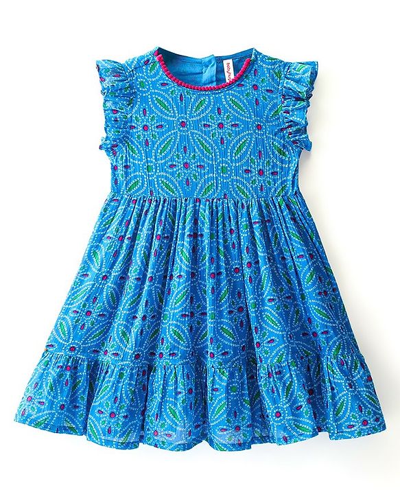 Babyhug 100% Cambric Short Sleeve Printed Ethnic Dress-Blue