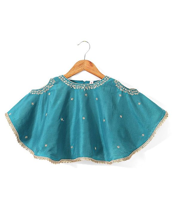 Babyhug Half Sleeves Embroidered Poncho Top with Pant Set - Teal Blue