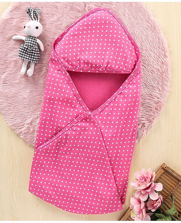 Babyhug Interlock Cotton Hooded Wrapper Polka Dots Print L 76.2 X B 76.2 cm - Pink