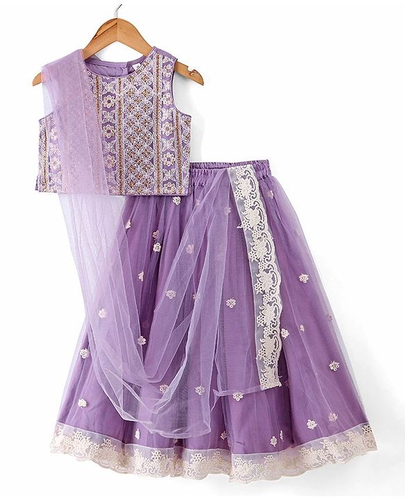 Babyhug Cotton Knit Sleeveless Embroidered Choli With Embroidered Net Lehenga And Dupatta Set - Lavender