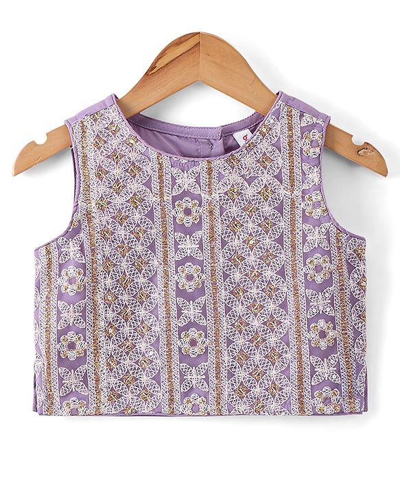 Babyhug Cotton Knit Sleeveless Embroidered Choli With Embroidered Net Lehenga And Dupatta Set - Lavender